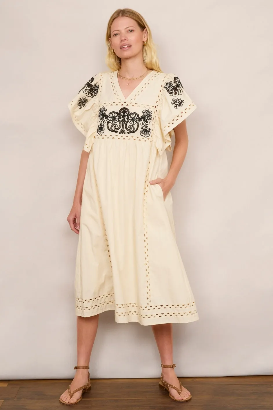Calista Embroidered Dress - Ecru/Black
