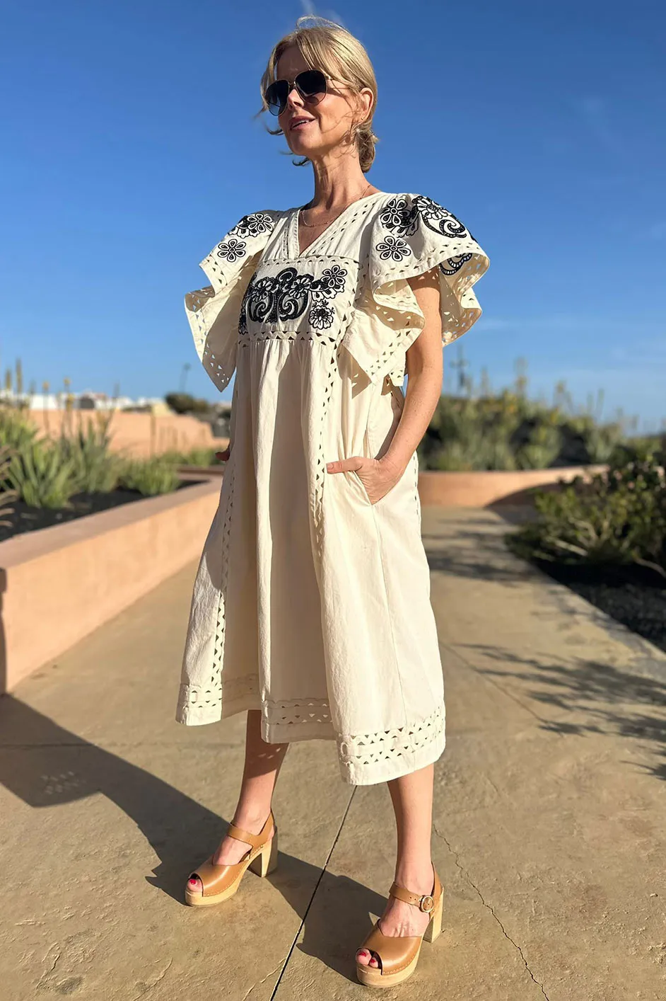 Calista Embroidered Dress - Ecru/Black