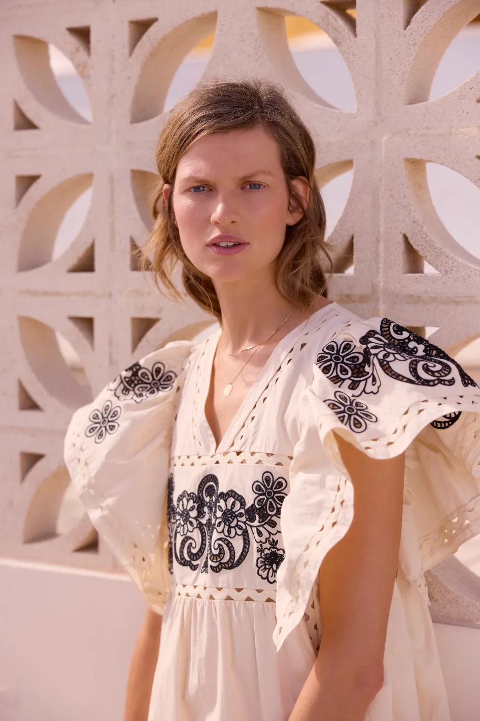 Calista Embroidered Dress - Ecru/Black