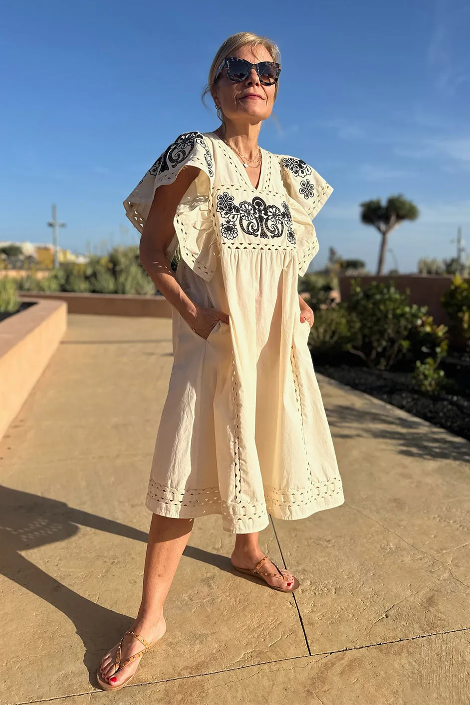 Calista Embroidered Dress - Ecru/Black