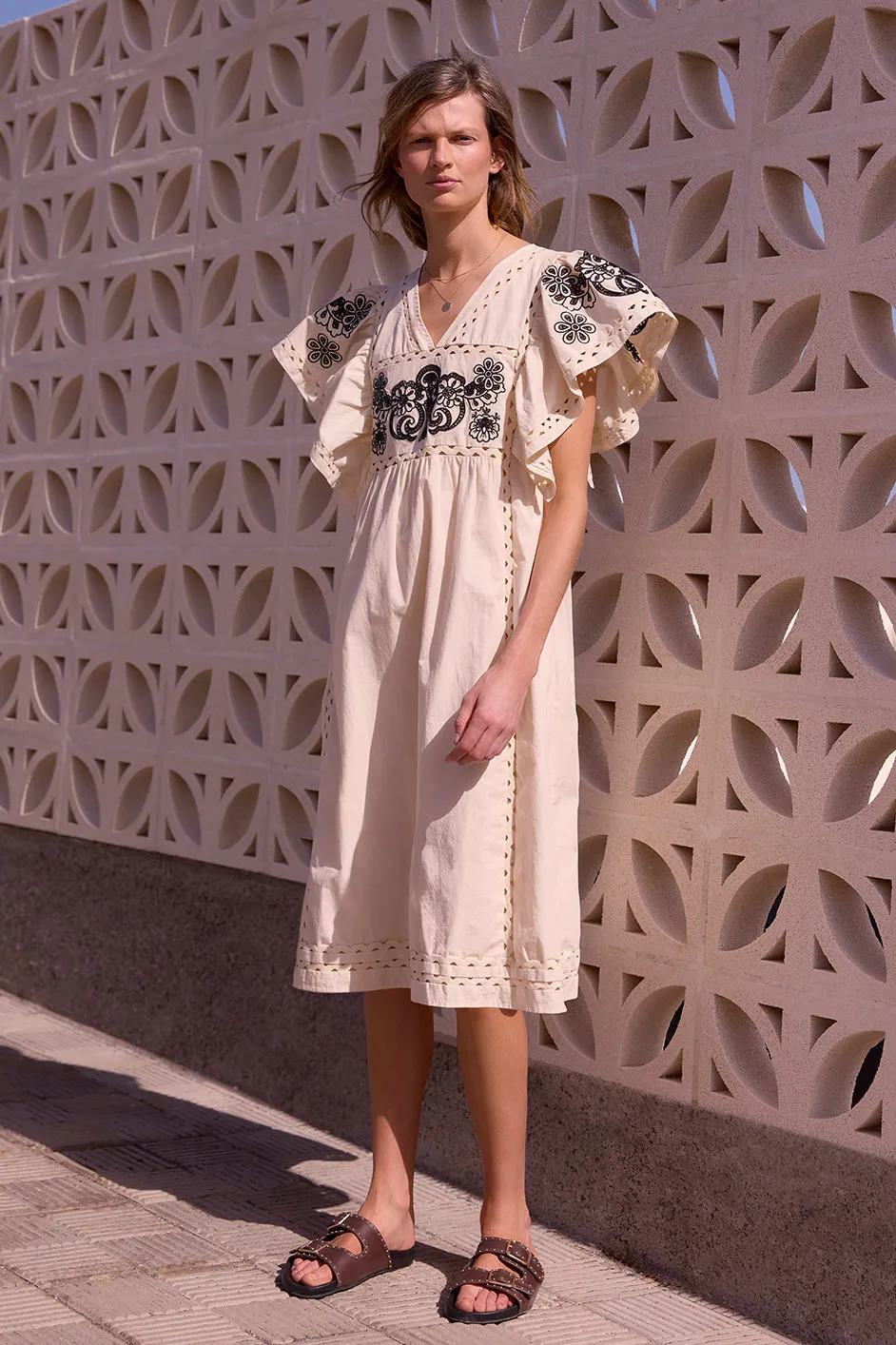 Calista Embroidered Dress - Ecru/Black