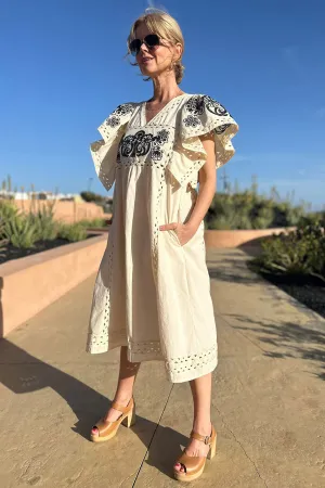 Calista Embroidered Dress - Ecru/Black