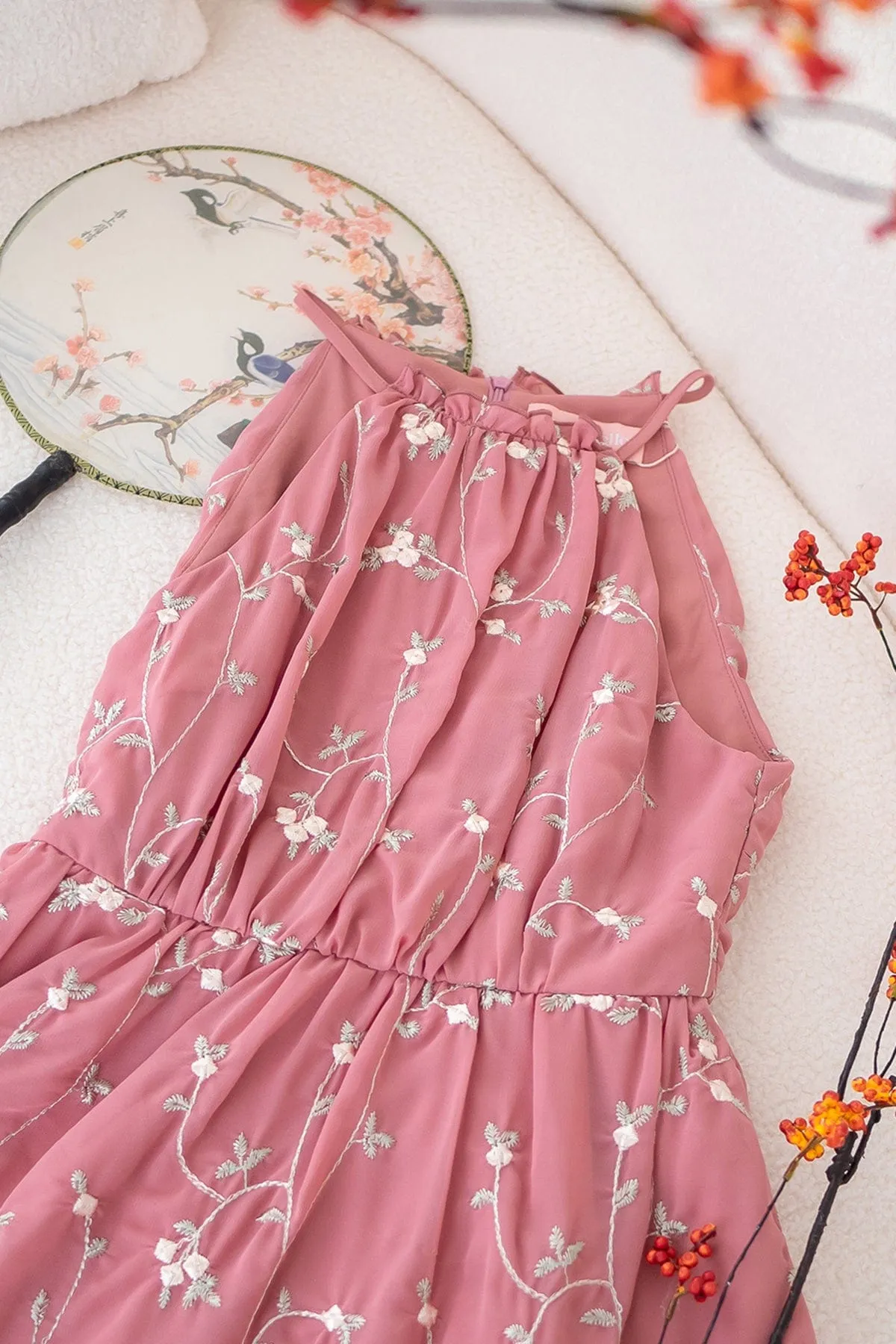 CAMELLIA HALTER MESH DRESS IN ROSE