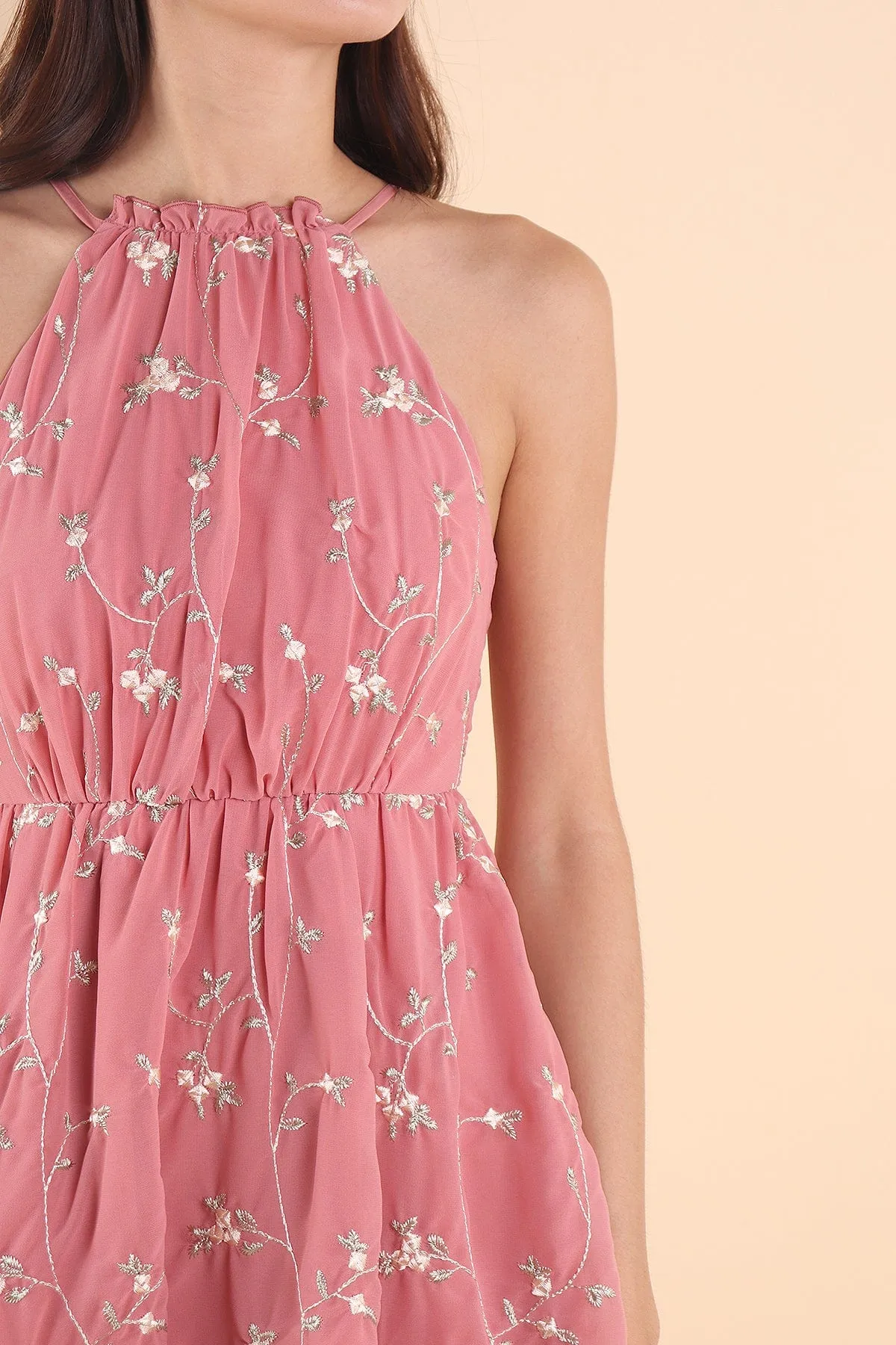 CAMELLIA HALTER MESH DRESS IN ROSE