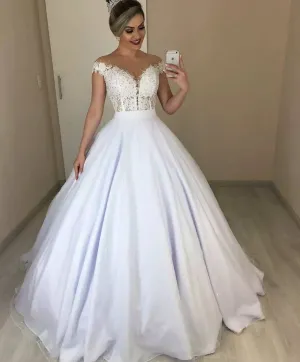 cap sleeve white wedding dresses for bride lace applique beaded tulle elegant simple wedding gown robe de mariage