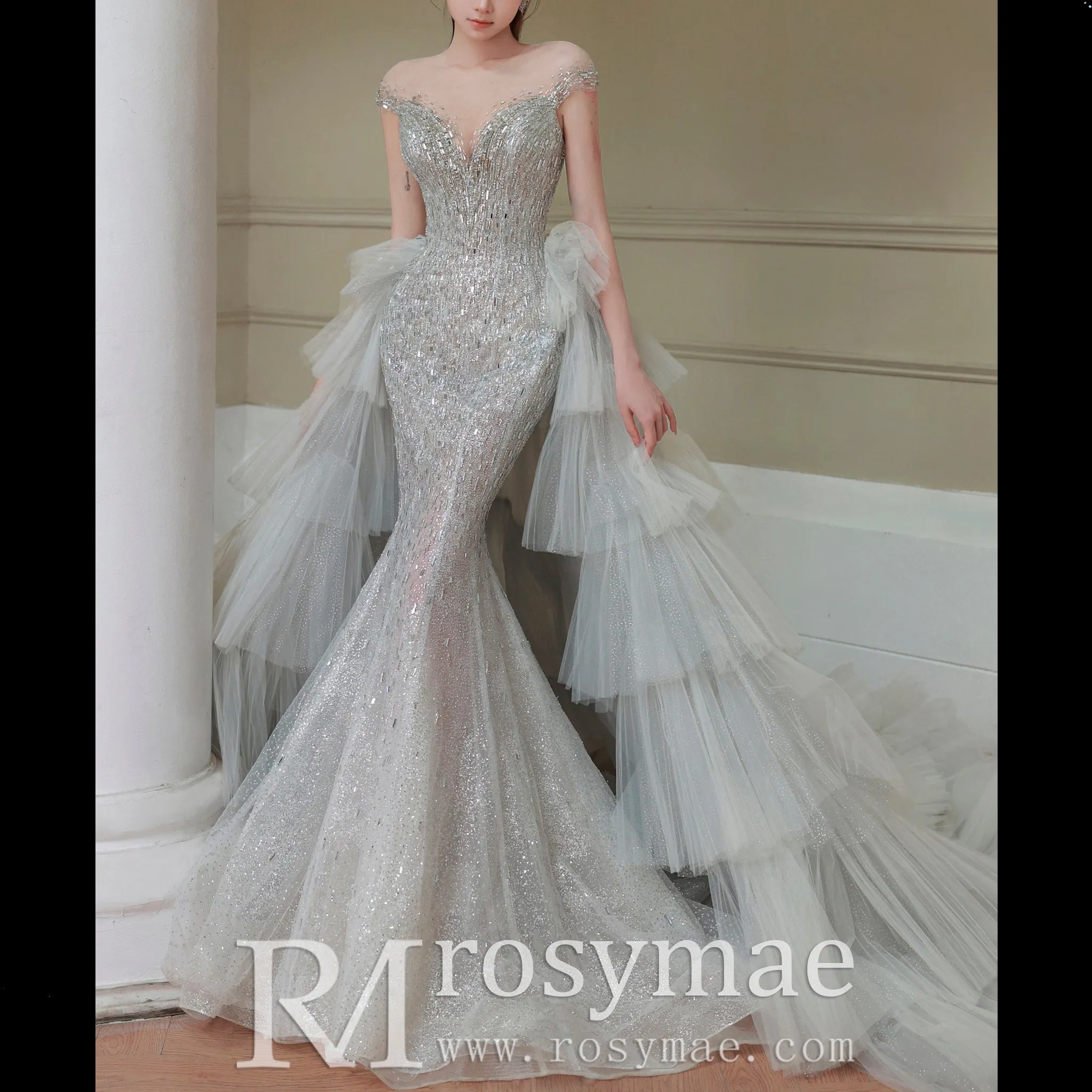 Capped Sleeve Convertible Wedding Dress with Detachable Skirt