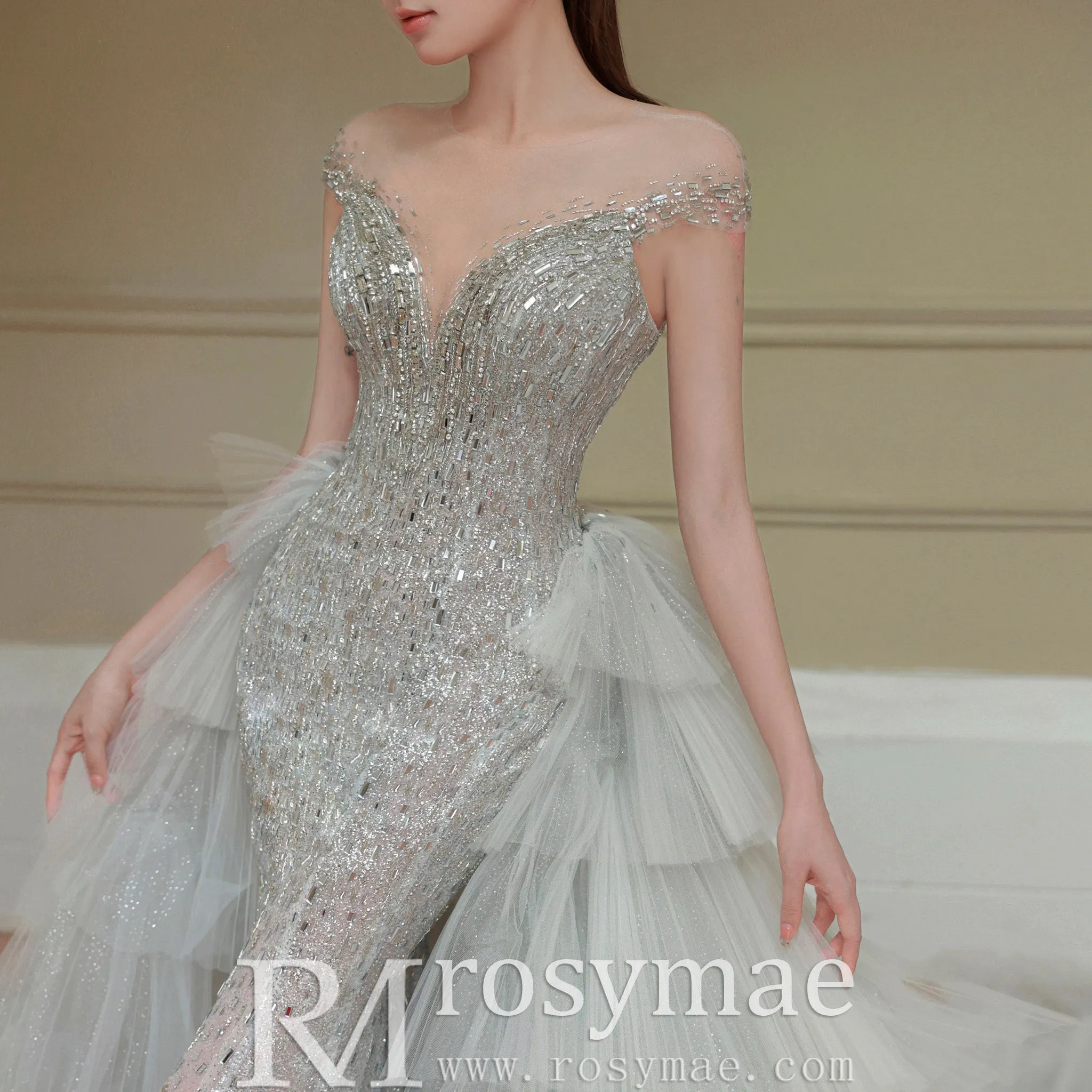 Capped Sleeve Convertible Wedding Dress with Detachable Skirt
