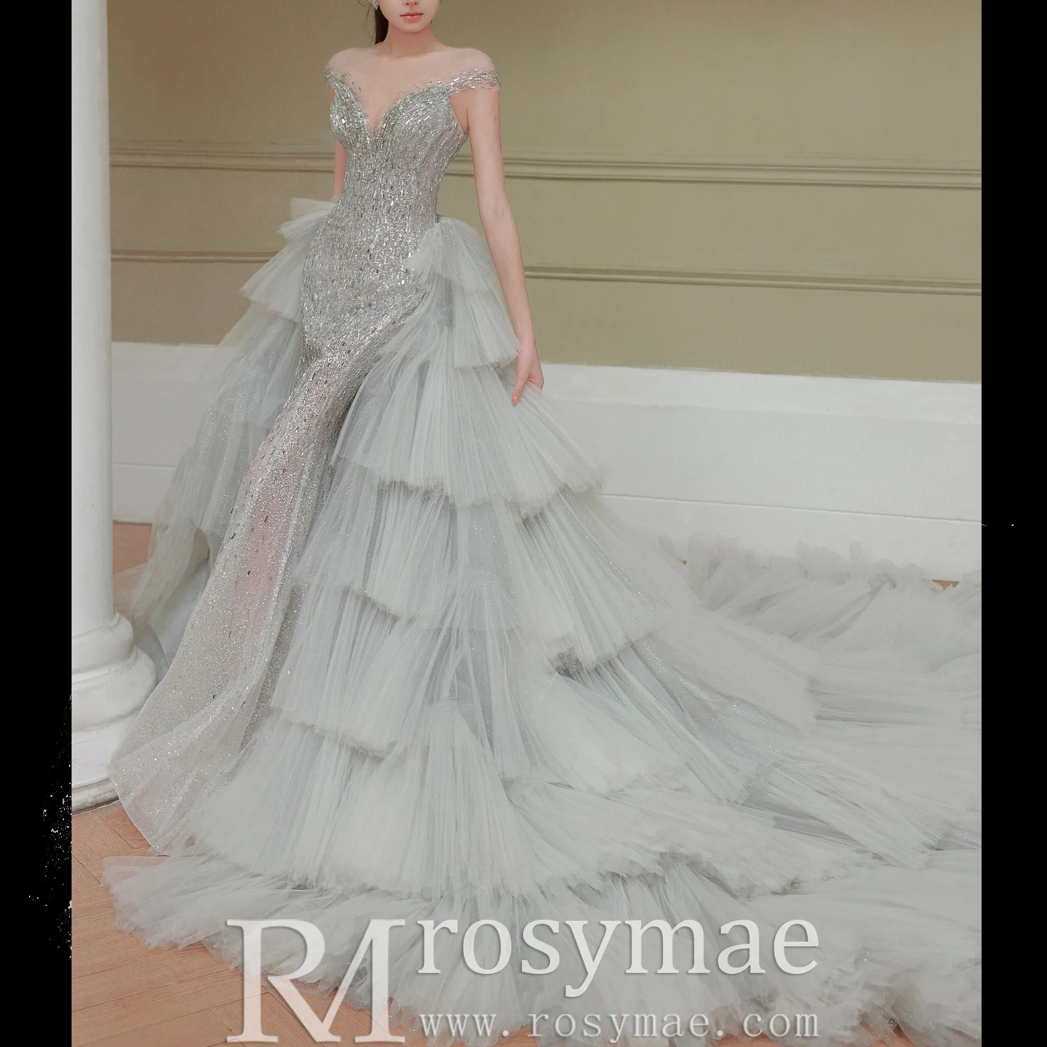 Capped Sleeve Convertible Wedding Dress with Detachable Skirt