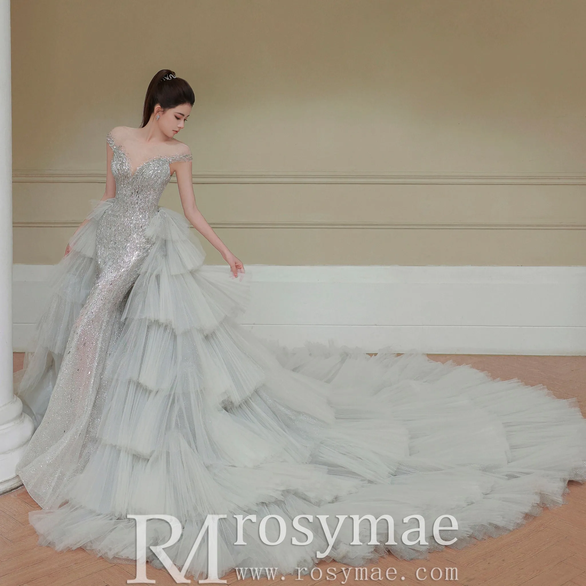 Capped Sleeve Convertible Wedding Dress with Detachable Skirt