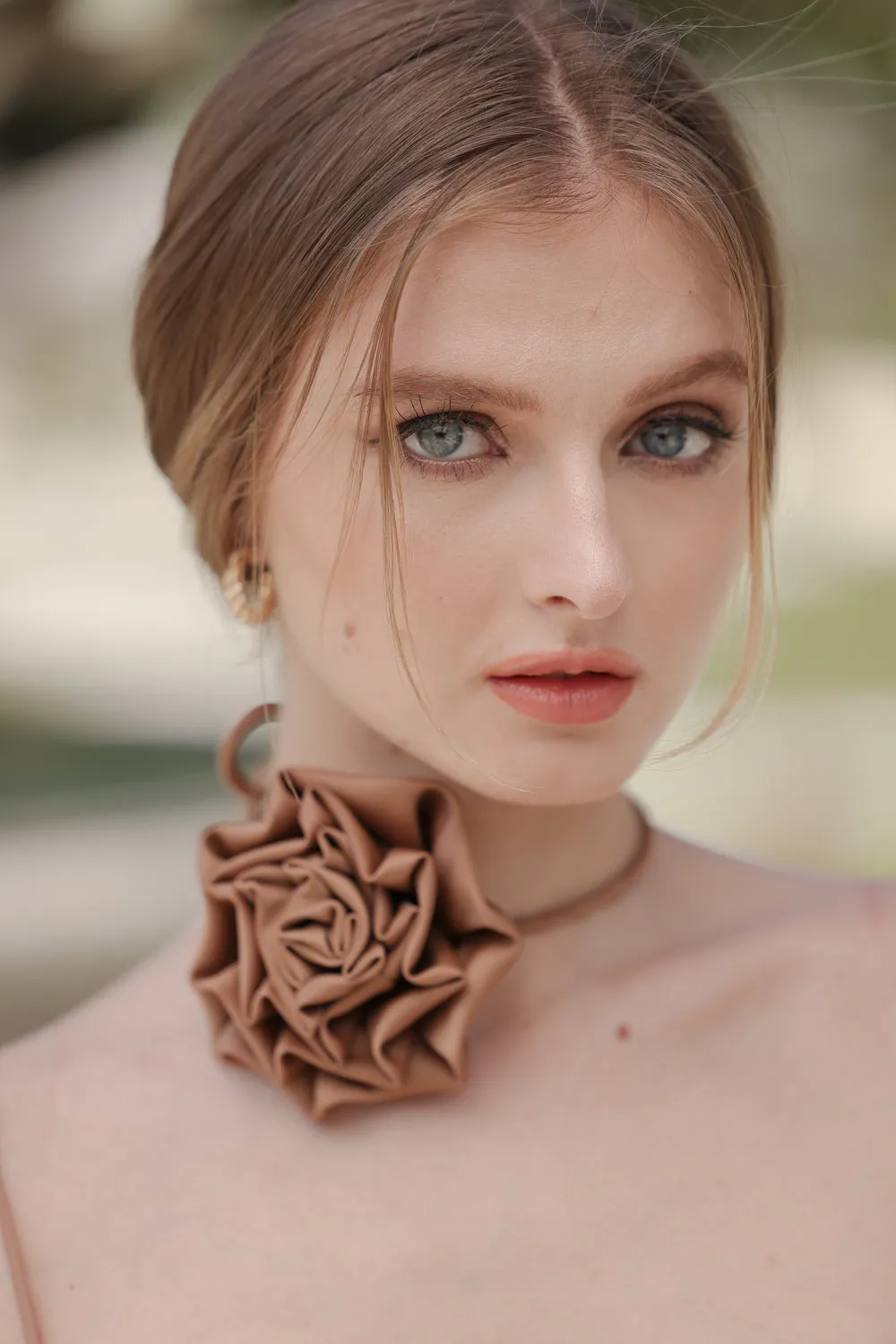 CELESTINA Strappy Slit Maxi Dress with Flower Neck Piece  (Bronze Silk Crepe)