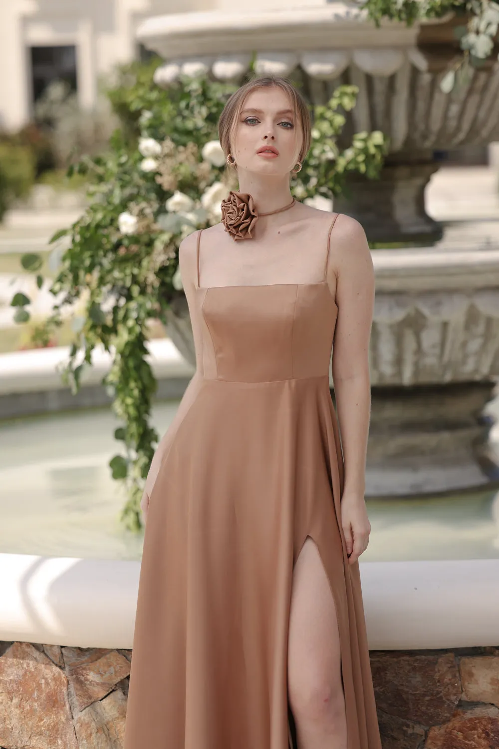 CELESTINA Strappy Slit Maxi Dress with Flower Neck Piece  (Bronze Silk Crepe)