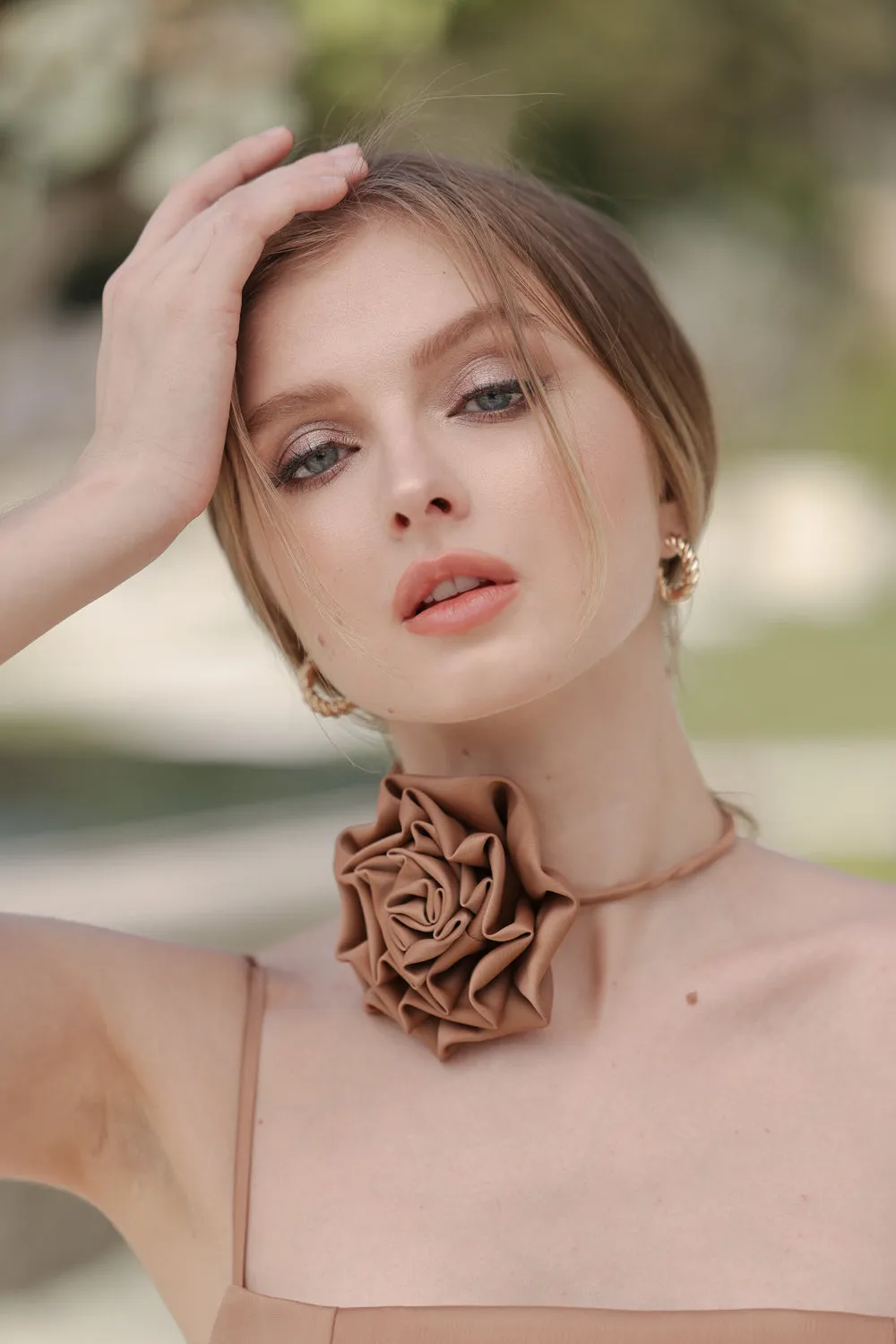 CELESTINA Strappy Slit Maxi Dress with Flower Neck Piece  (Bronze Silk Crepe)