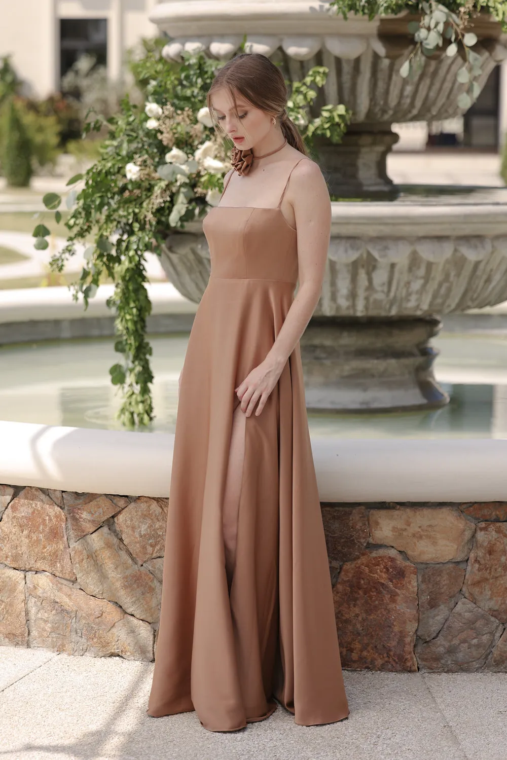 CELESTINA Strappy Slit Maxi Dress with Flower Neck Piece  (Bronze Silk Crepe)