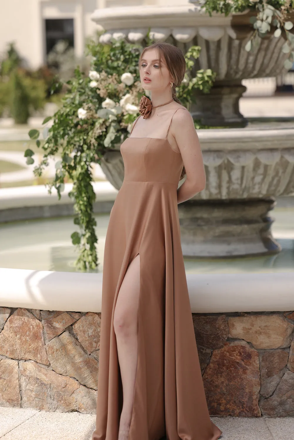CELESTINA Strappy Slit Maxi Dress with Flower Neck Piece  (Bronze Silk Crepe)