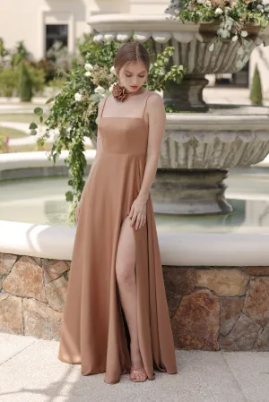 CELESTINA Strappy Slit Maxi Dress with Flower Neck Piece  (Bronze Silk Crepe)