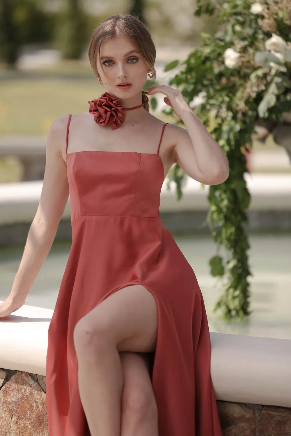 CELESTINA Strappy Slit Maxi Dress with Flower Neck Piece (Rust Silk Crepe)