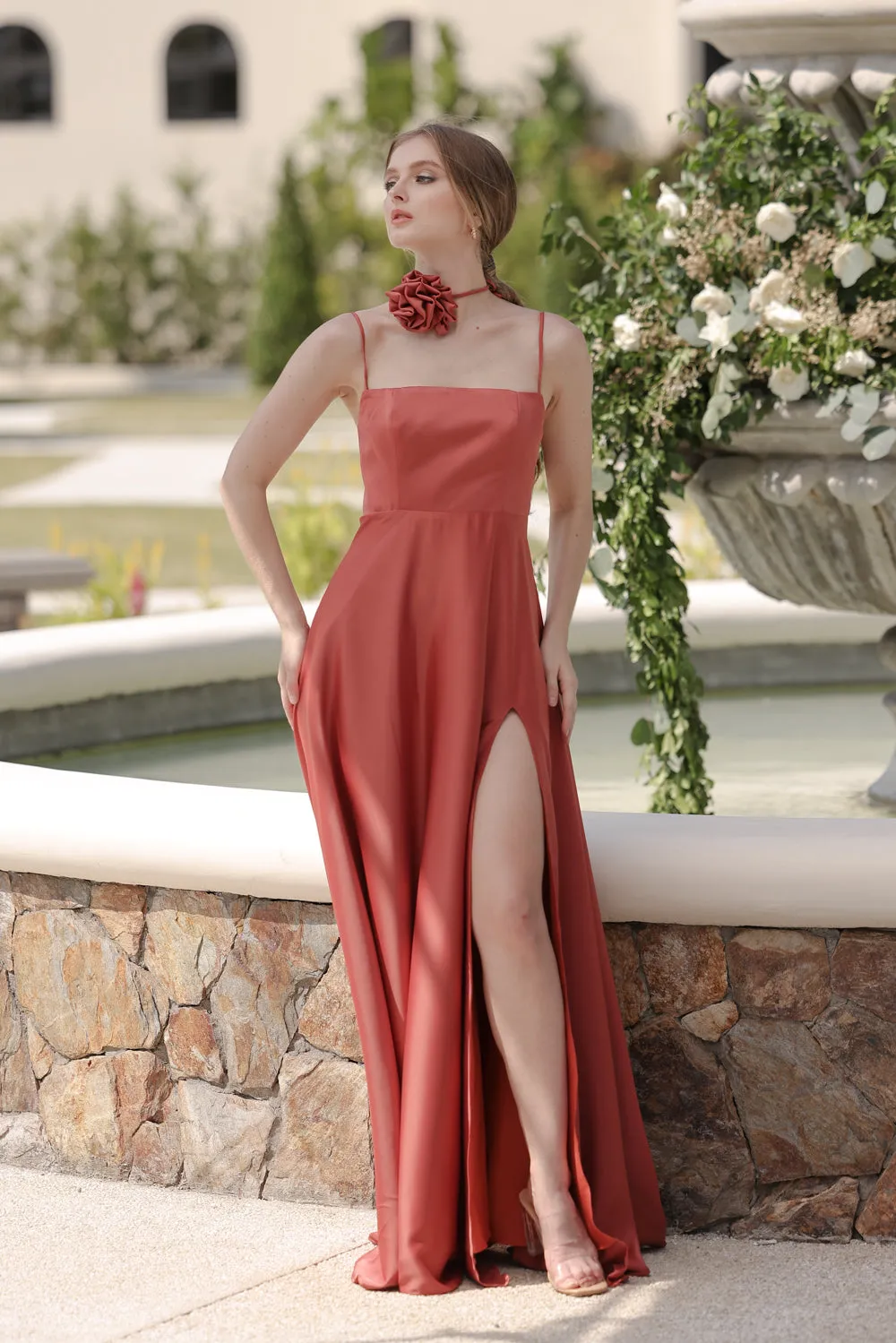 CELESTINA Strappy Slit Maxi Dress with Flower Neck Piece (Rust Silk Crepe)