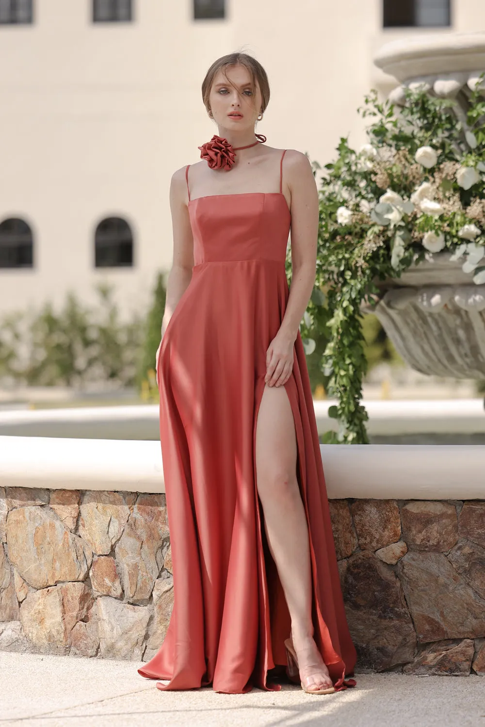 CELESTINA Strappy Slit Maxi Dress with Flower Neck Piece (Rust Silk Crepe)