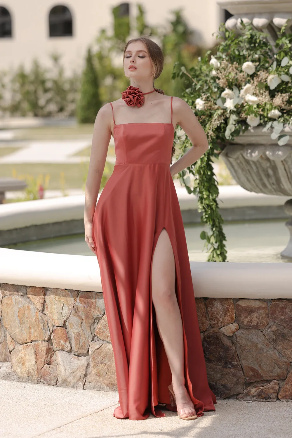 CELESTINA Strappy Slit Maxi Dress with Flower Neck Piece (Rust Silk Crepe)