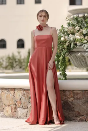 CELESTINA Strappy Slit Maxi Dress with Flower Neck Piece (Rust Silk Crepe)