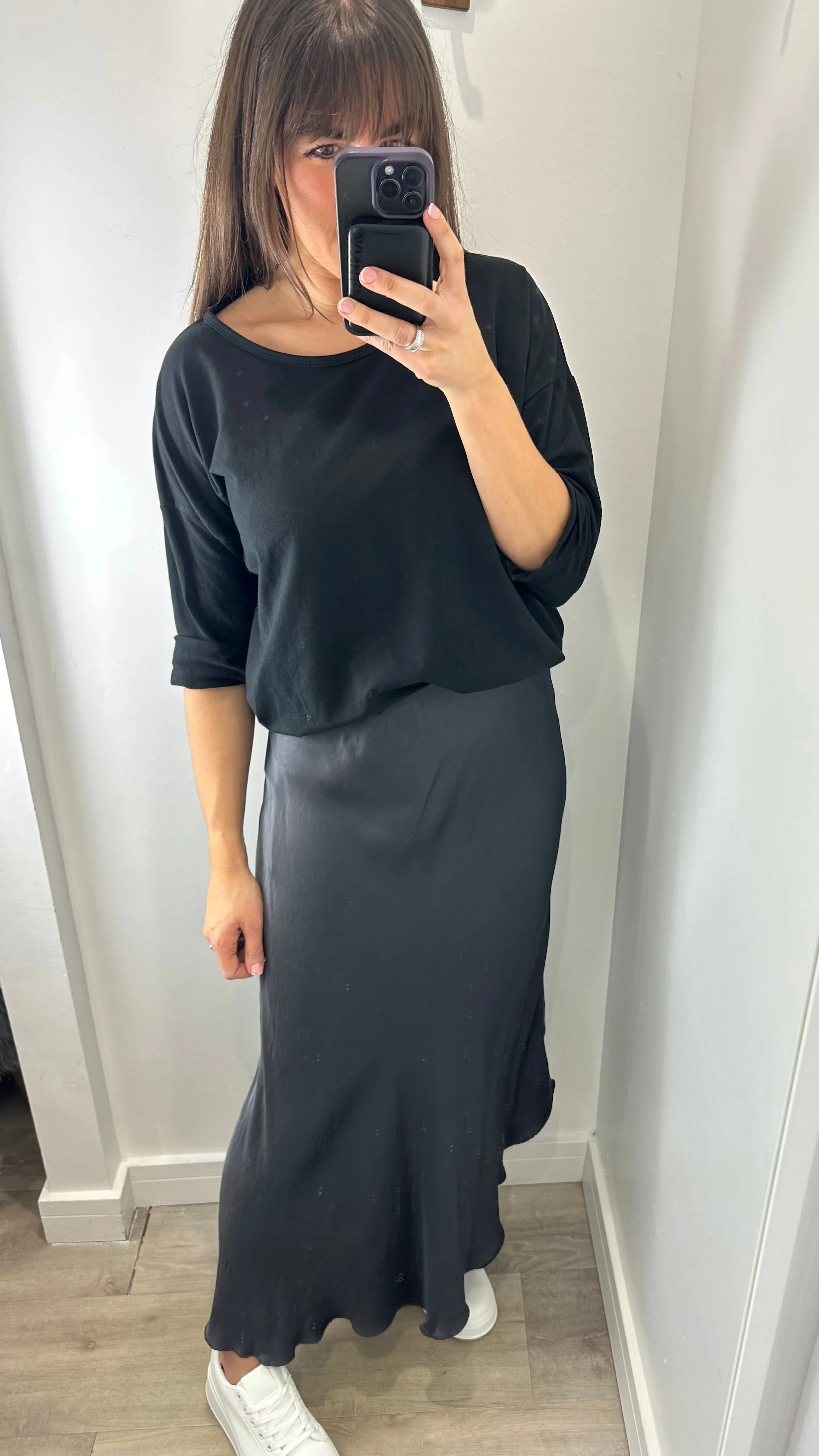 CHARCOAL SATIN SKIRT
