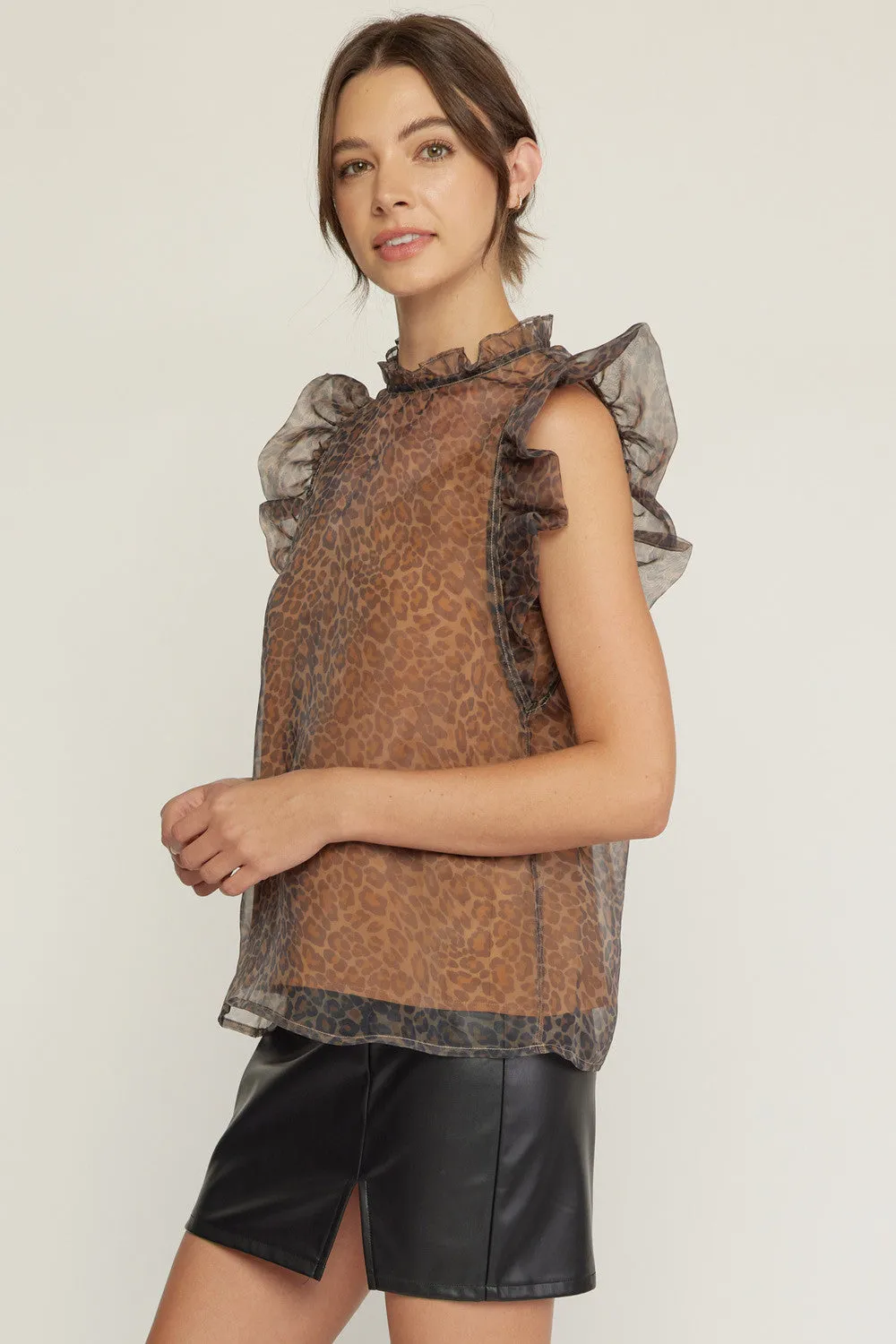 Cheetah print sheer organza mock neck ruffle sleeve top