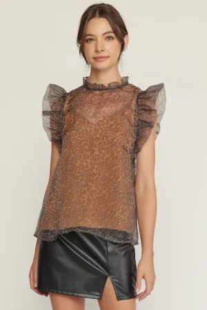 Cheetah print sheer organza mock neck ruffle sleeve top
