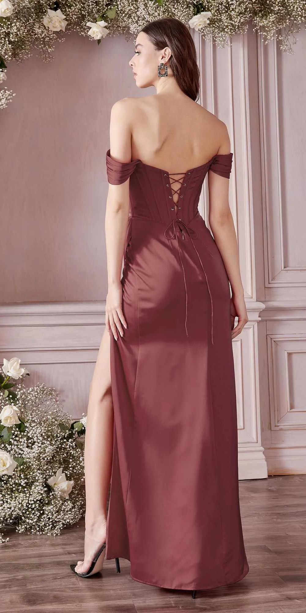 Cinderella Divine 7484C Plus Size Off the Shoulder Corset Satin Formal Gown