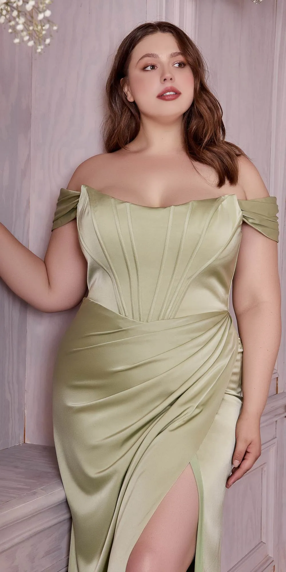 Cinderella Divine 7484C Plus Size Off the Shoulder Corset Satin Formal Gown