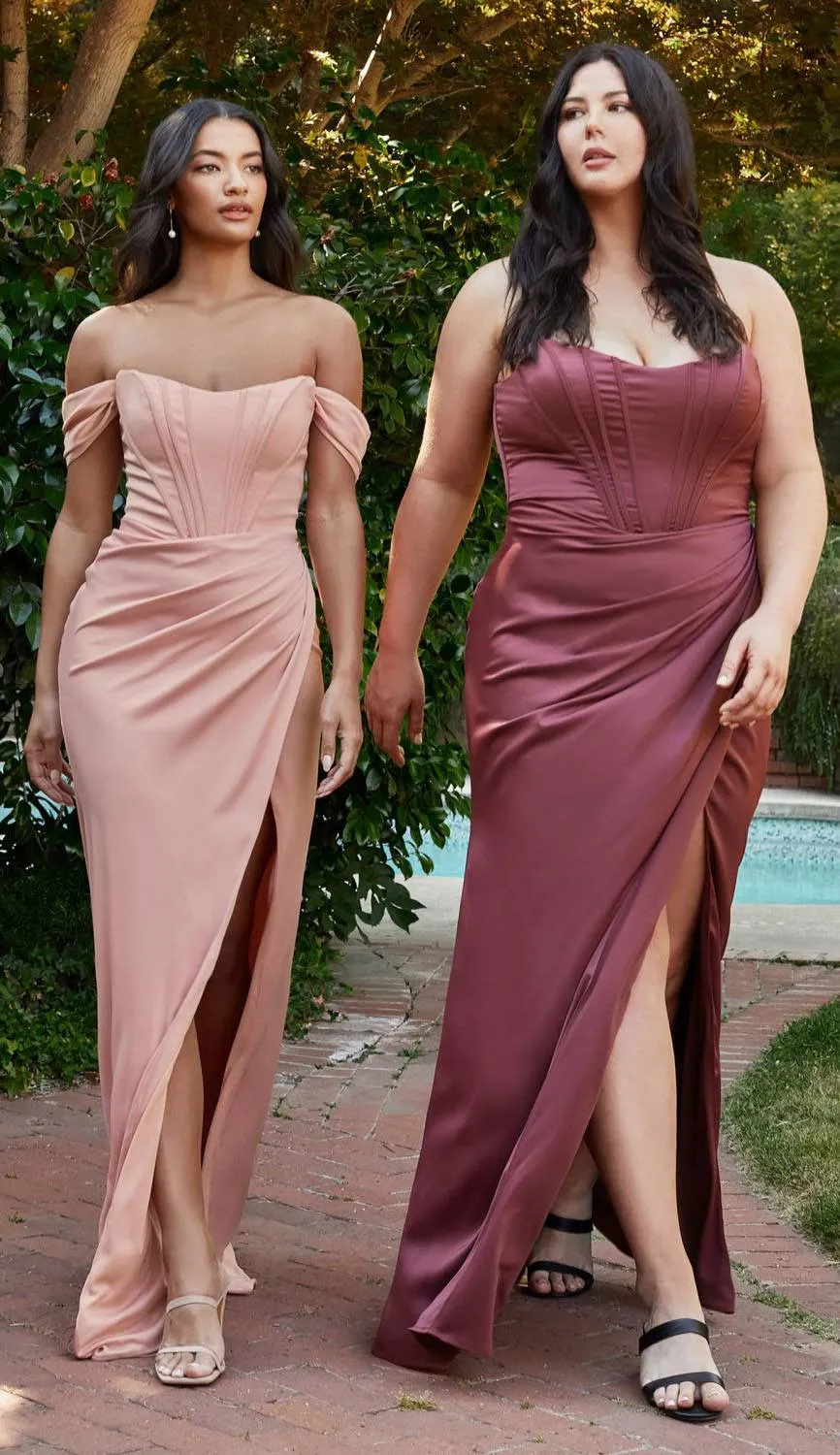 Cinderella Divine 7484C Plus Size Off the Shoulder Corset Satin Formal Gown