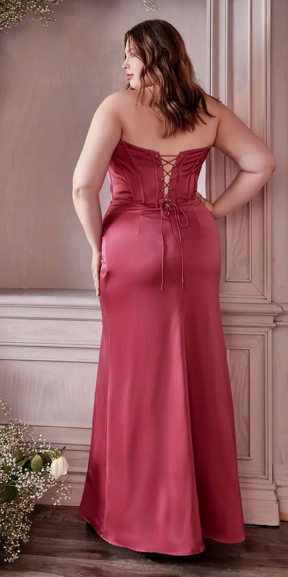 Cinderella Divine 7484C Plus Size Off the Shoulder Corset Satin Formal Gown