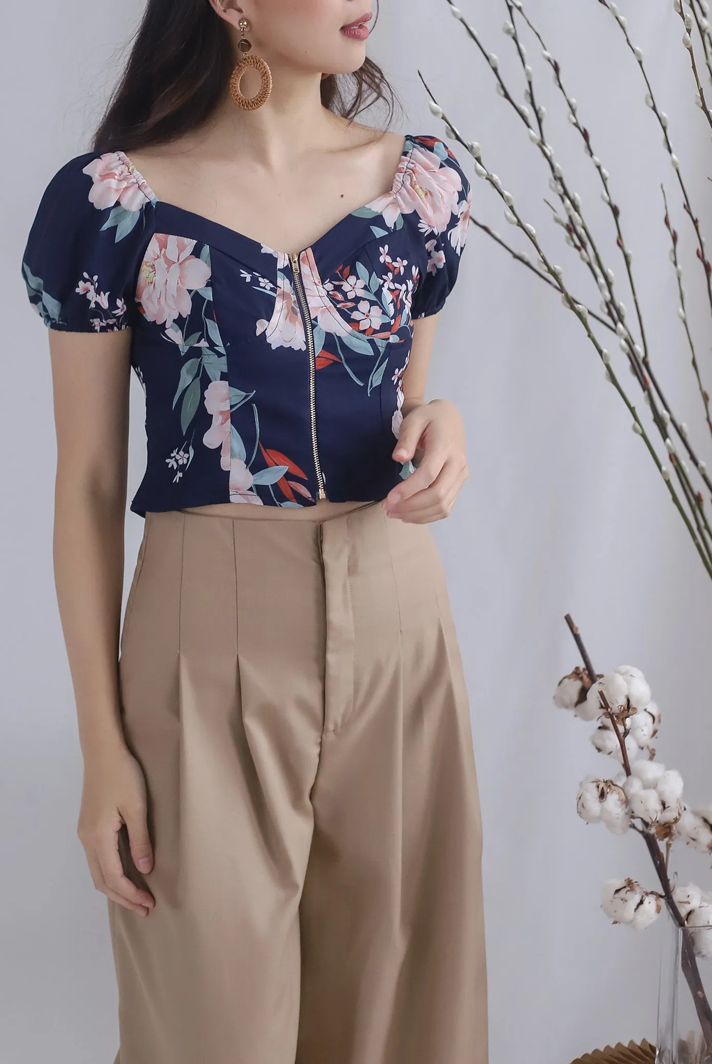 Clarabelle Floral Bustier Top In Navy Blue