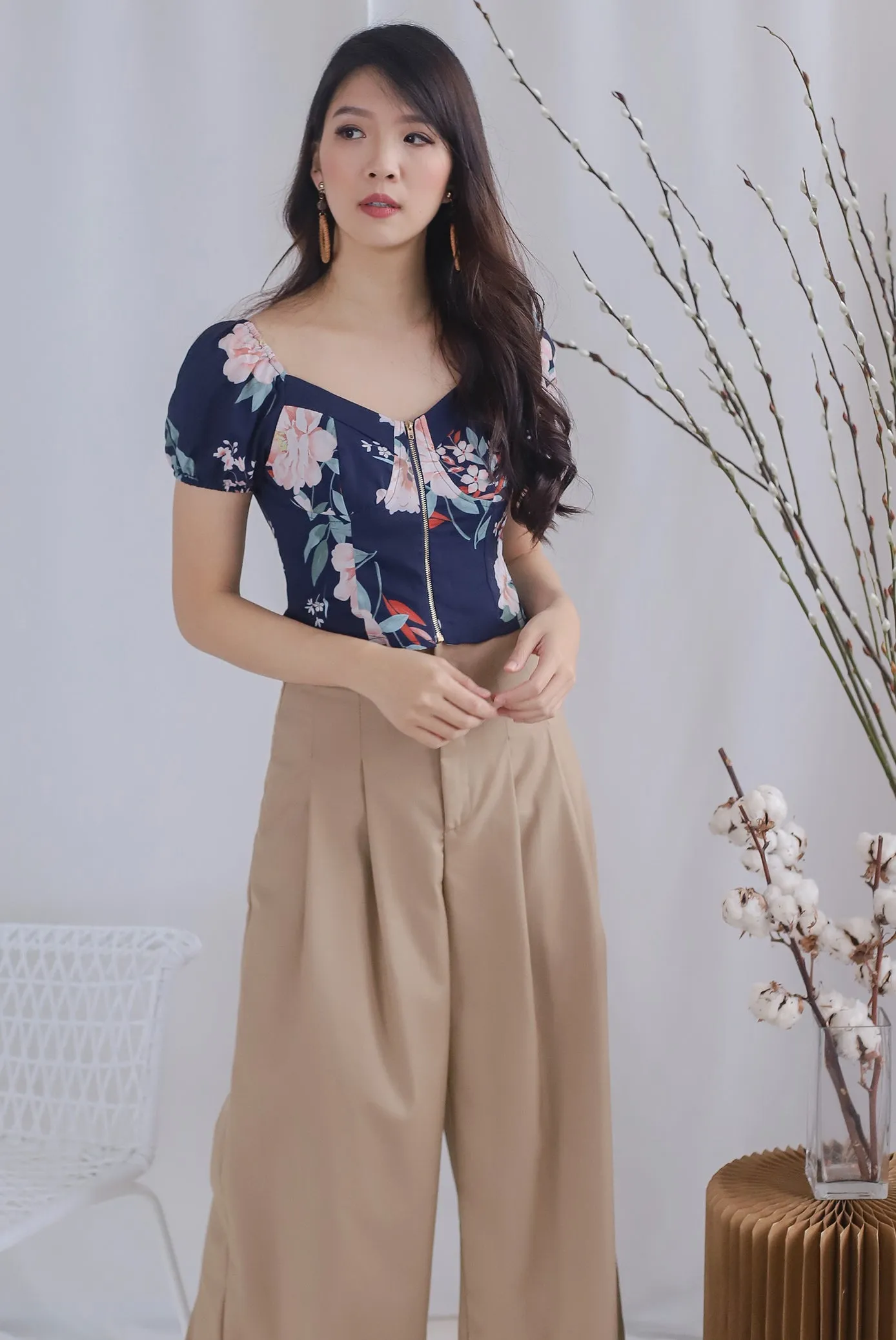 Clarabelle Floral Bustier Top In Navy Blue