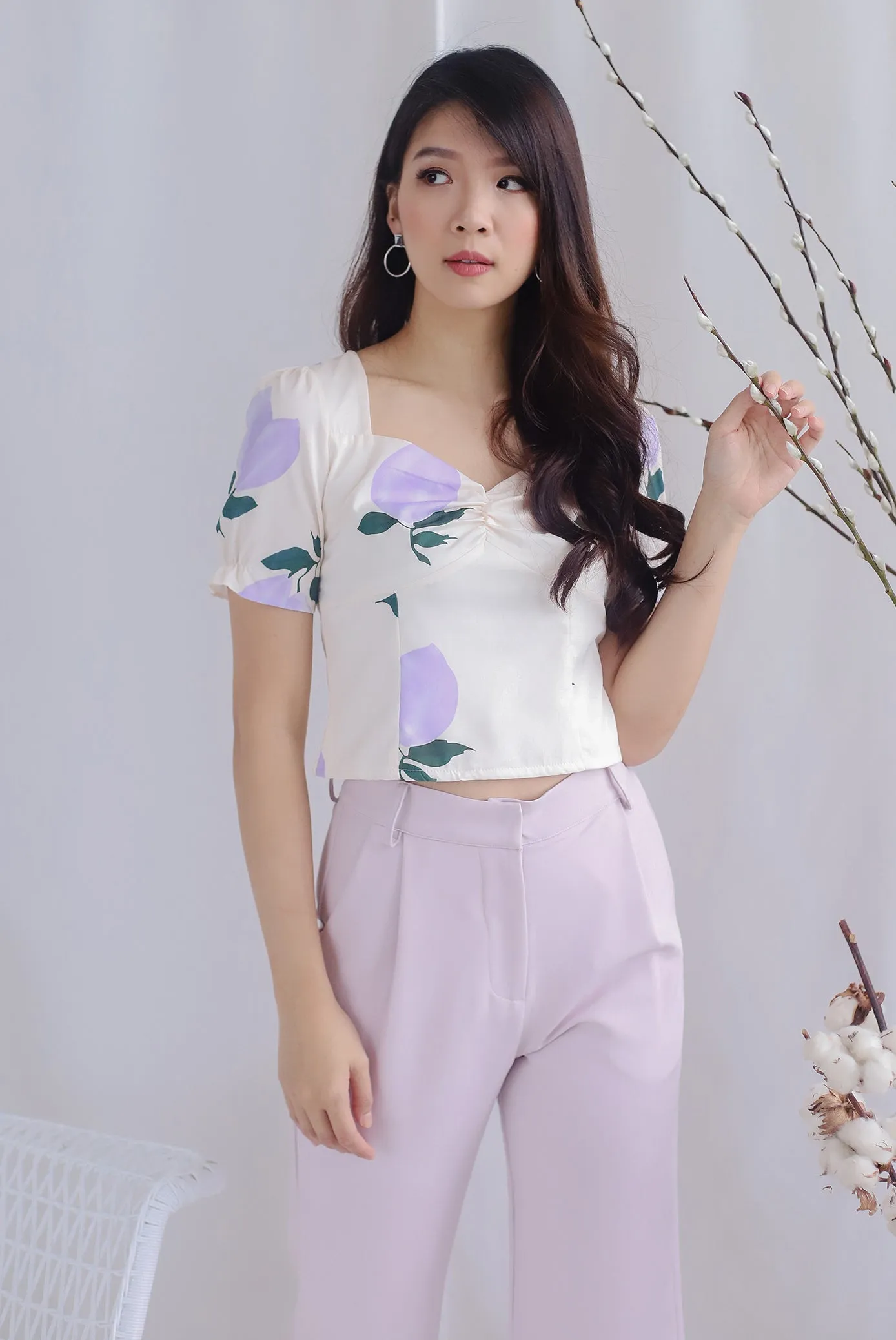 Clemencia Lemon Ruched Bustier Top In Purple