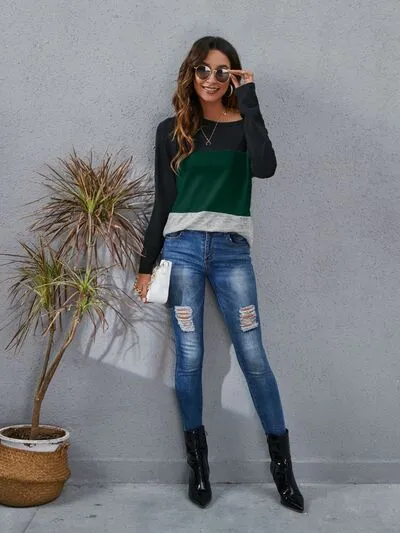 Color Block Round Neck Long Sleeve Top (6 Colors)