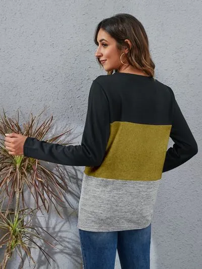 Color Block Round Neck Long Sleeve Top (6 Colors)
