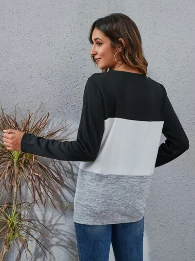 Color Block Round Neck Long Sleeve Top (6 Colors)