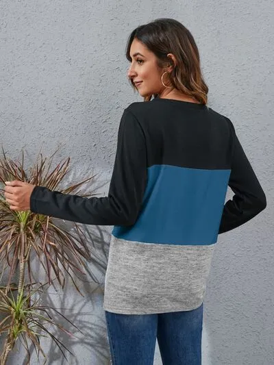 Color Block Round Neck Long Sleeve Top (6 Colors)