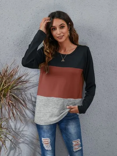 Color Block Round Neck Long Sleeve Top (6 Colors)