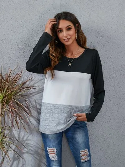 Color Block Round Neck Long Sleeve Top (6 Colors)