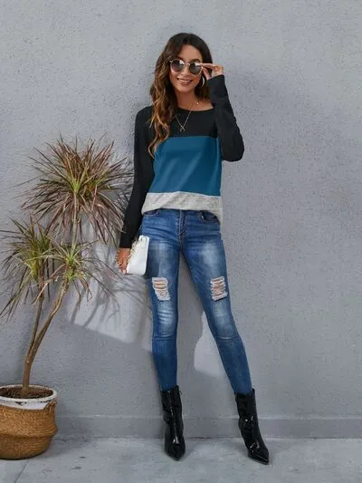 Color Block Round Neck Long Sleeve Top (6 Colors)