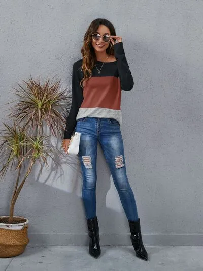 Color Block Round Neck Long Sleeve Top (6 Colors)