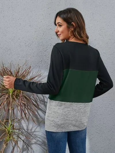 Color Block Round Neck Long Sleeve Top (6 Colors)