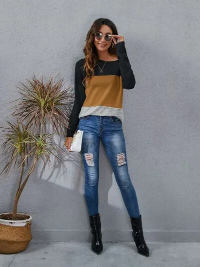 Color Block Round Neck Long Sleeve Top (6 Colors)