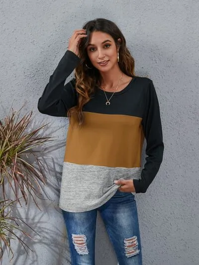 Color Block Round Neck Long Sleeve Top (6 Colors)
