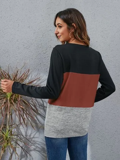 Color Block Round Neck Long Sleeve Top (6 Colors)