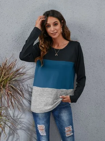 Color Block Round Neck Long Sleeve Top (6 Colors)