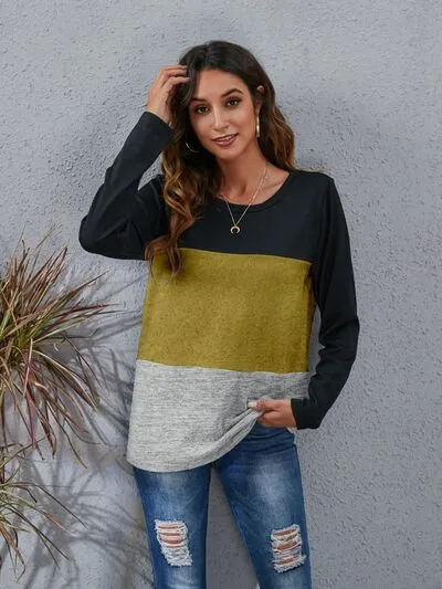 Color Block Round Neck Long Sleeve Top (6 Colors)