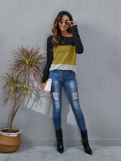 Color Block Round Neck Long Sleeve Top (6 Colors)