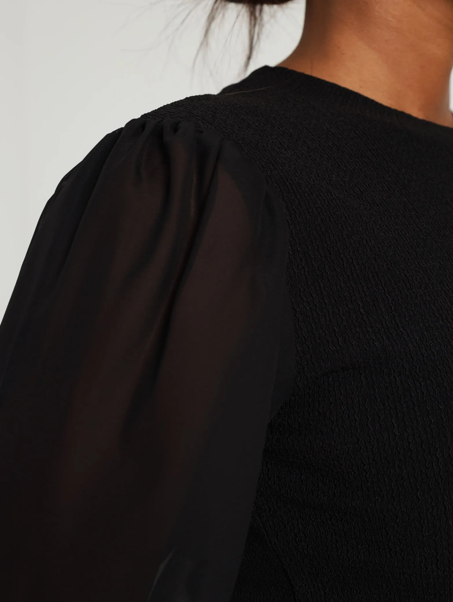 Combo Texture Sheer Blouse - Black